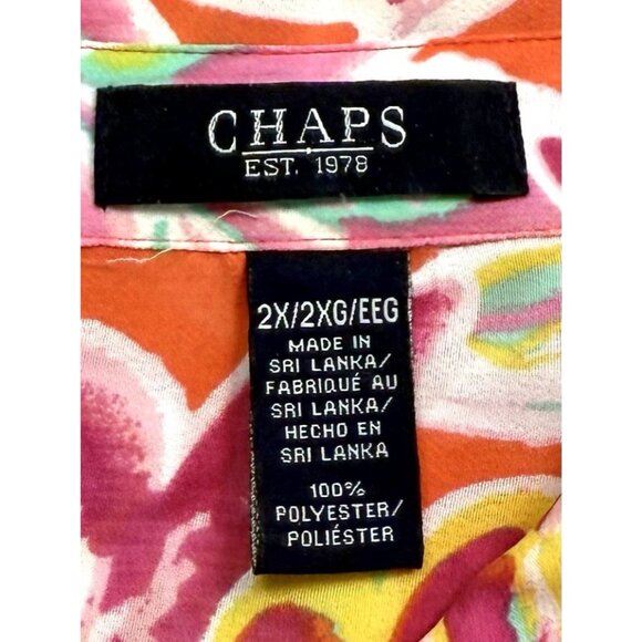 CHAPS Womens 2X Orange/Pink Floral Sheer Silky L/S Button-Up BLOUSE Shirt Bright - Picture 6 of 7